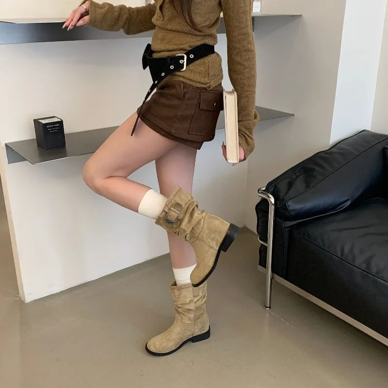 Eilyken Retro Pleated Women's Ankle Boots Belt Buckle Short Boots Round Toe Low Heels Designer Elegant Casual Ladies Booties