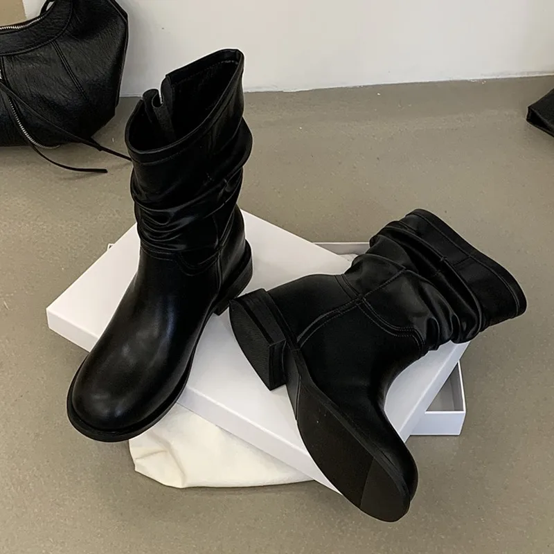Eilyken Retro Pleated Women's Ankle Boots Belt Buckle Short Boots Round Toe Low Heels Designer Elegant Casual Ladies Booties