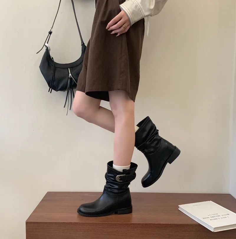 Eilyken Retro Pleated Women's Ankle Boots Belt Buckle Short Boots Round Toe Low Heels Designer Elegant Casual Ladies Booties