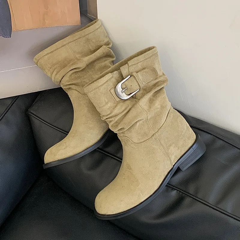 Eilyken Retro Pleated Women's Ankle Boots Belt Buckle Short Boots Round Toe Low Heels Designer Elegant Casual Ladies Booties