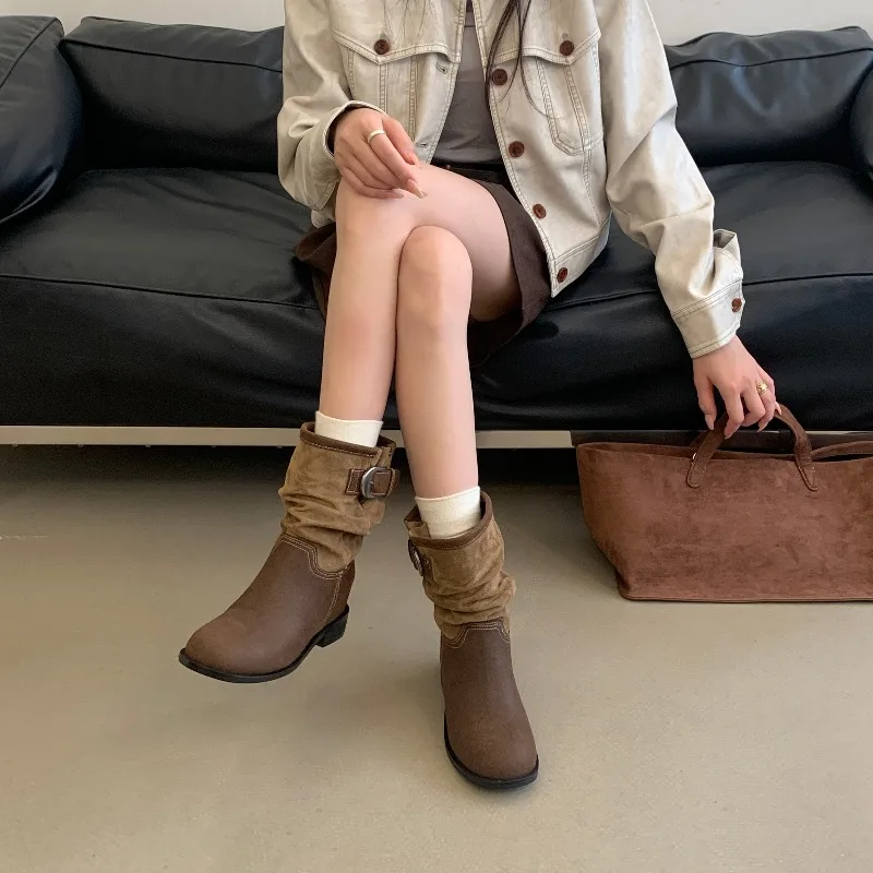 Eilyken Retro Pleated Women's Ankle Boots Belt Buckle Short Boots Round Toe Low Heels Designer Elegant Casual Ladies Booties