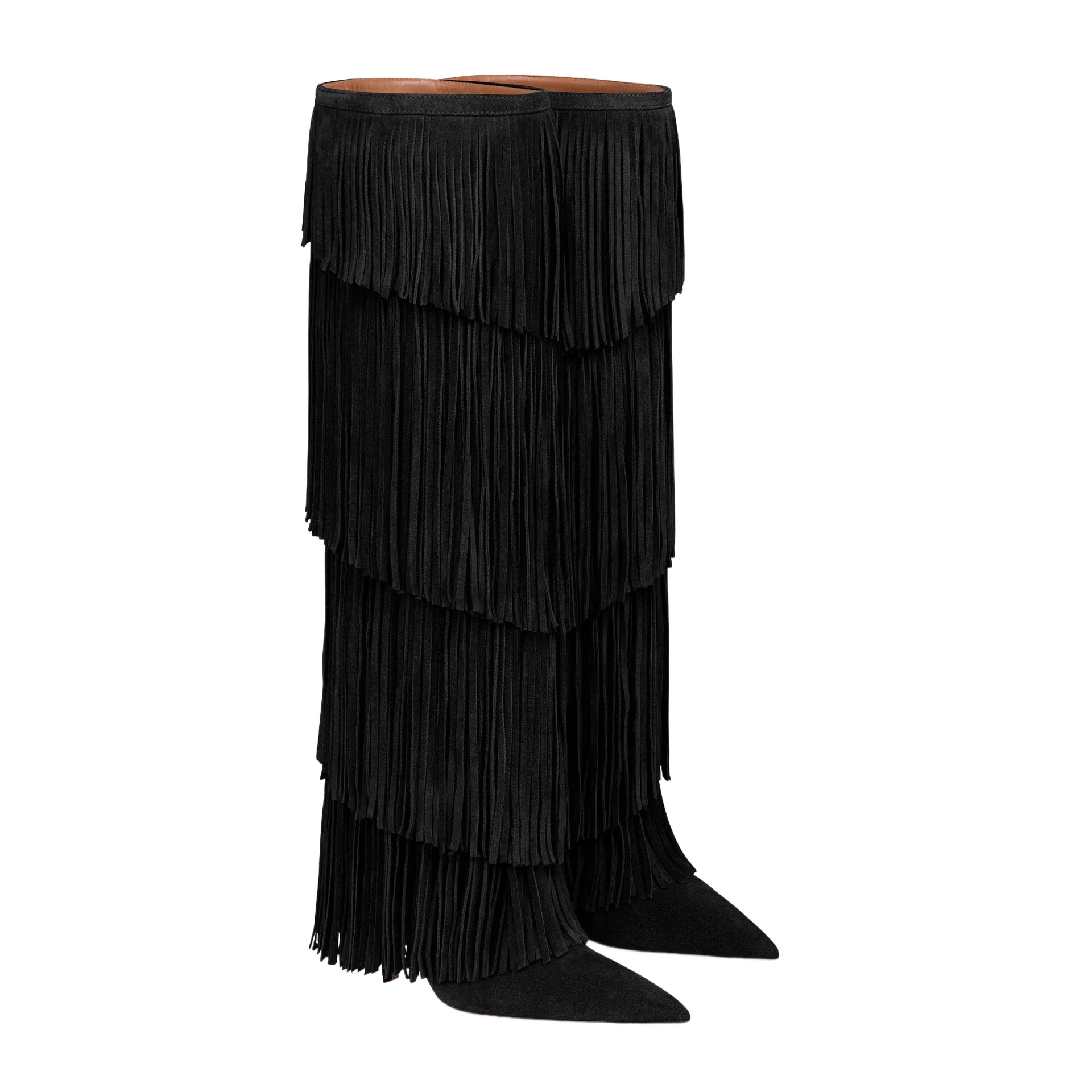 Women's Suede Fringe Knee High Boots Pointed Toe Stiletto Heels Pull On Western Cowboy Tall Boots Party Club Fashion Footwear