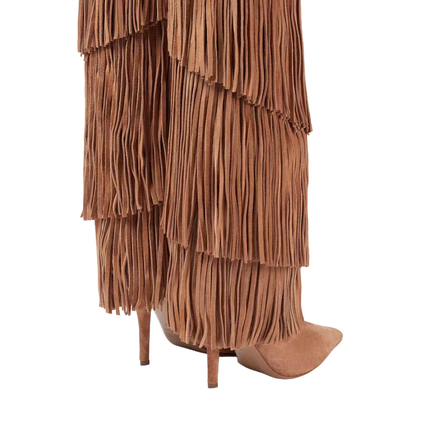 Women's Suede Fringe Knee High Boots Pointed Toe Stiletto Heels Pull On Western Cowboy Tall Boots Party Club Fashion Footwear