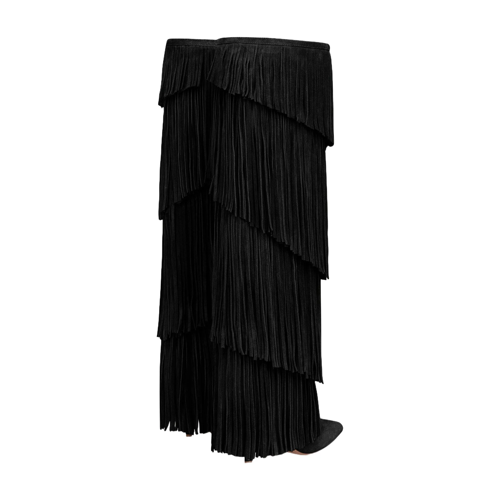 Women's Suede Fringe Knee High Boots Pointed Toe Stiletto Heels Pull On Western Cowboy Tall Boots Party Club Fashion Footwear