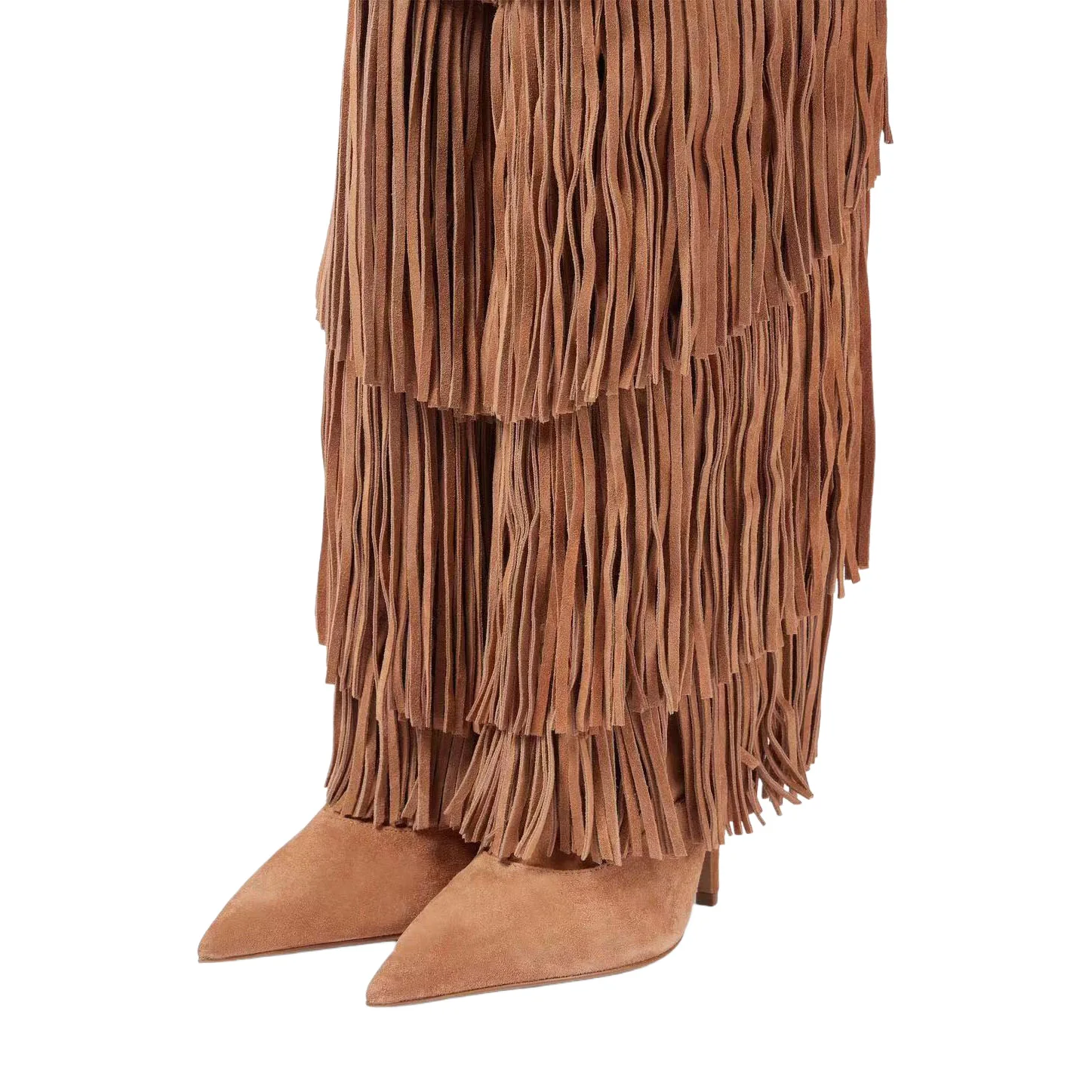 Women's Suede Fringe Knee High Boots Pointed Toe Stiletto Heels Pull On Western Cowboy Tall Boots Party Club Fashion Footwear