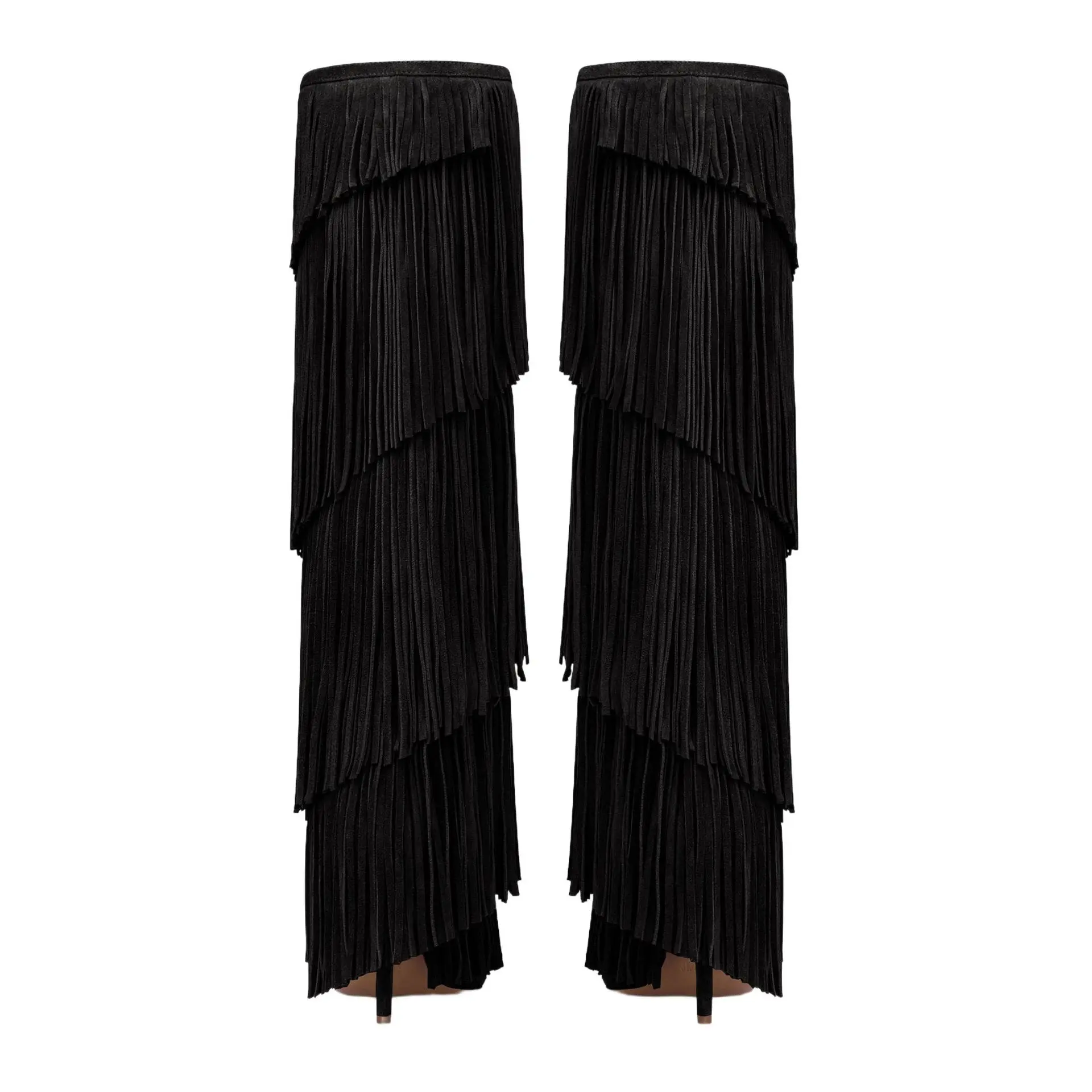 Women's Suede Fringe Knee High Boots Pointed Toe Stiletto Heels Pull On Western Cowboy Tall Boots Party Club Fashion Footwear