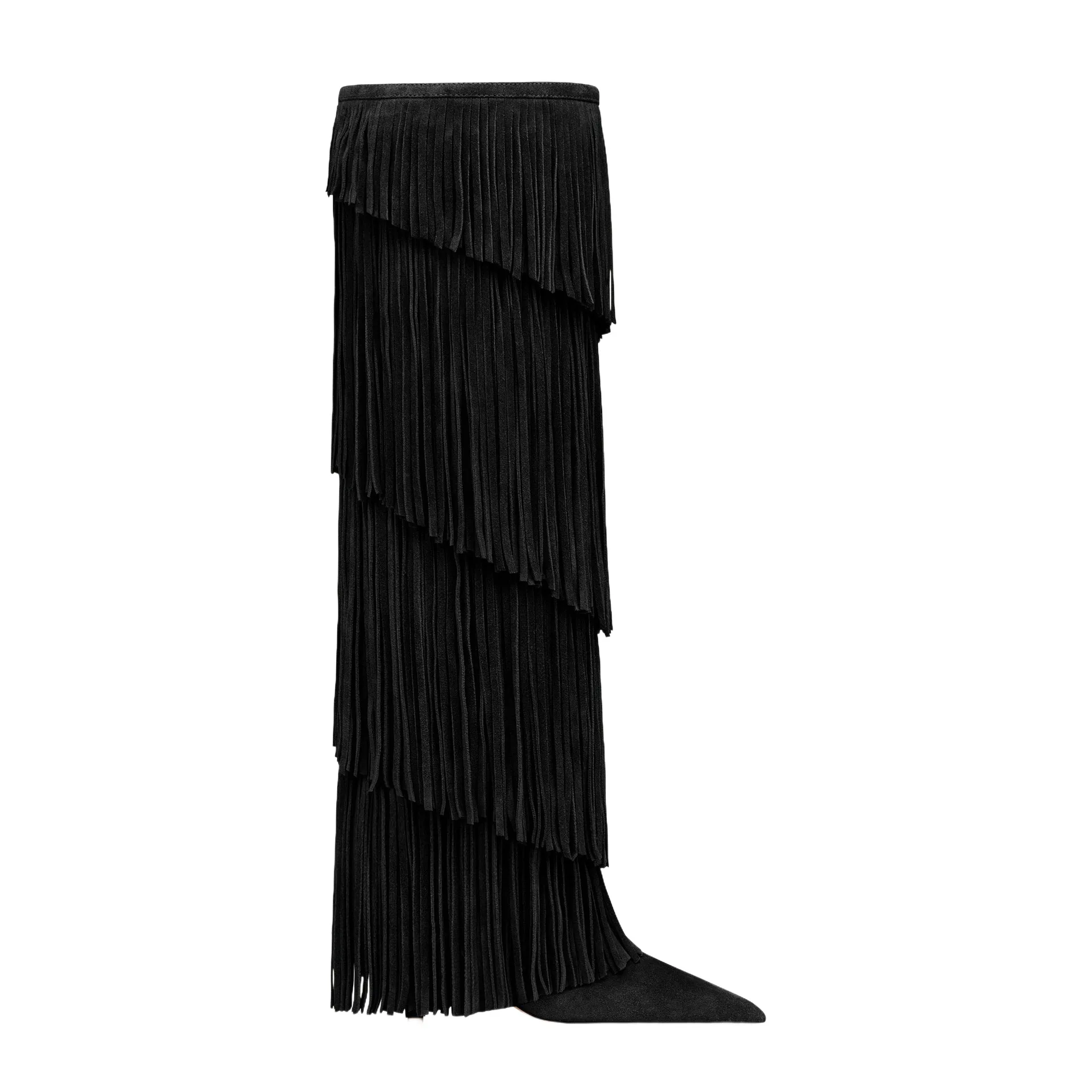 Women's Suede Fringe Knee High Boots Pointed Toe Stiletto Heels Pull On Western Cowboy Tall Boots Party Club Fashion Footwear