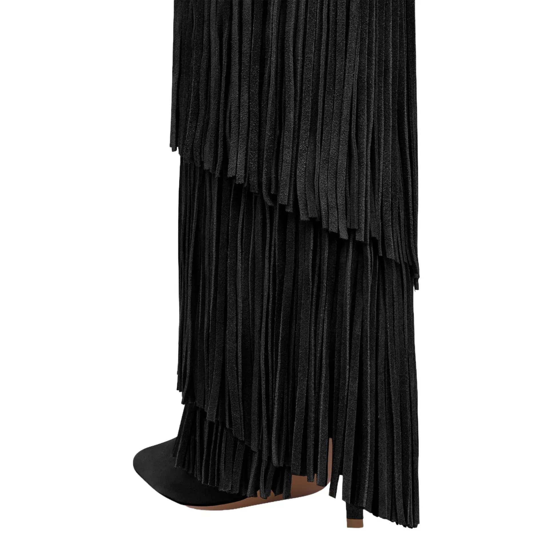Women's Suede Fringe Knee High Boots Pointed Toe Stiletto Heels Pull On Western Cowboy Tall Boots Party Club Fashion Footwear