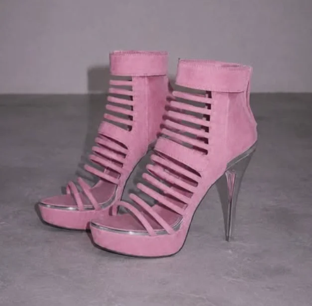 Sexy black/pink suede straps hollow out sandals women's platform high heels plus size summer booties soft designer party shoes