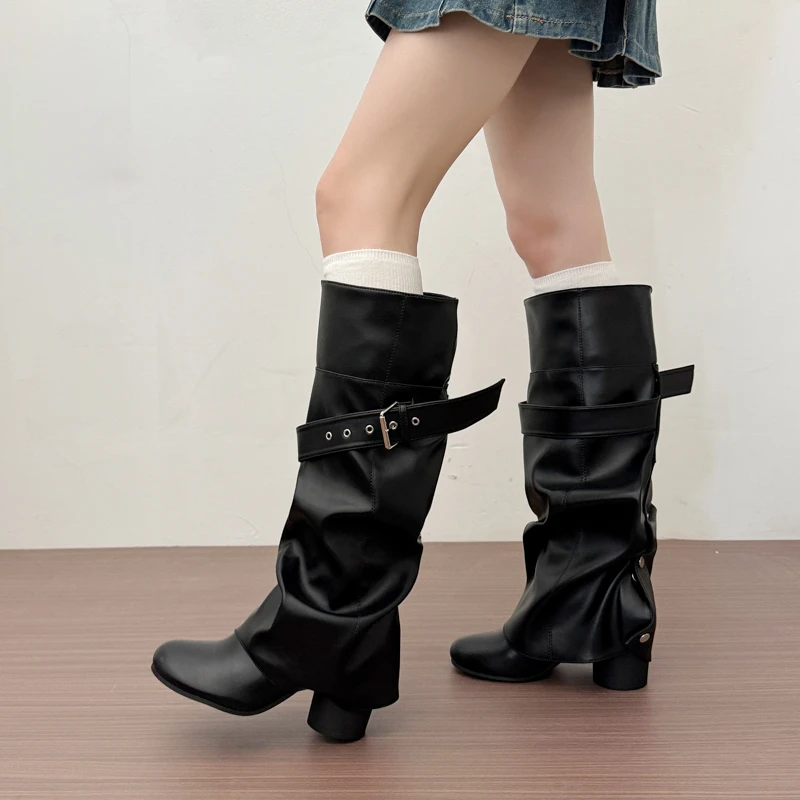 Designer Women Knee High Boots Metal Buckle Strap Round Toe Block Heel Shoes Autumn Winter Ladies Daily Leather Long Booties