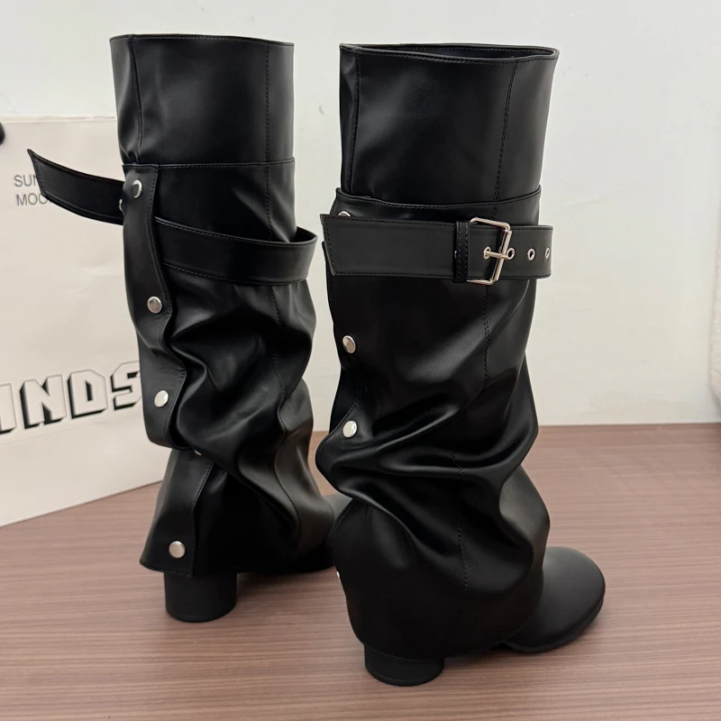 Designer Women Knee High Boots Metal Buckle Strap Round Toe Block Heel Shoes Autumn Winter Ladies Daily Leather Long Booties