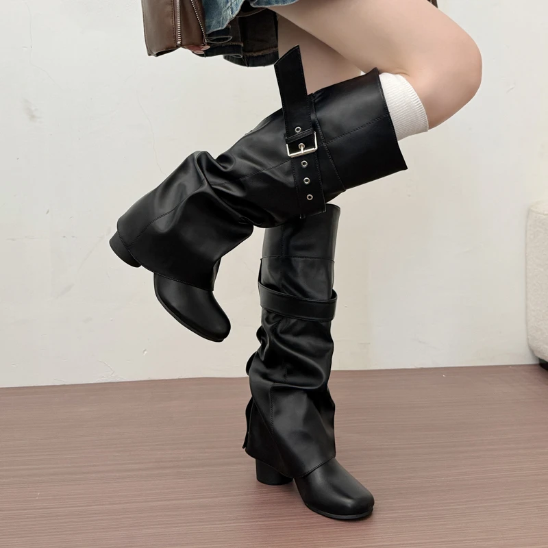 Designer Women Knee High Boots Metal Buckle Strap Round Toe Block Heel Shoes Autumn Winter Ladies Daily Leather Long Booties