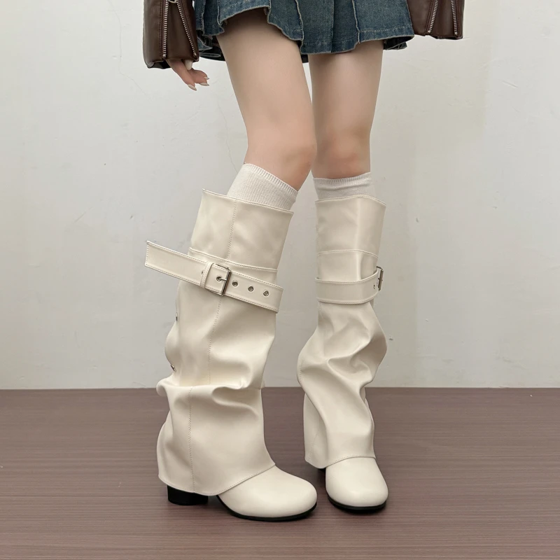 Designer Women Knee High Boots Metal Buckle Strap Round Toe Block Heel Shoes Autumn Winter Ladies Daily Leather Long Booties