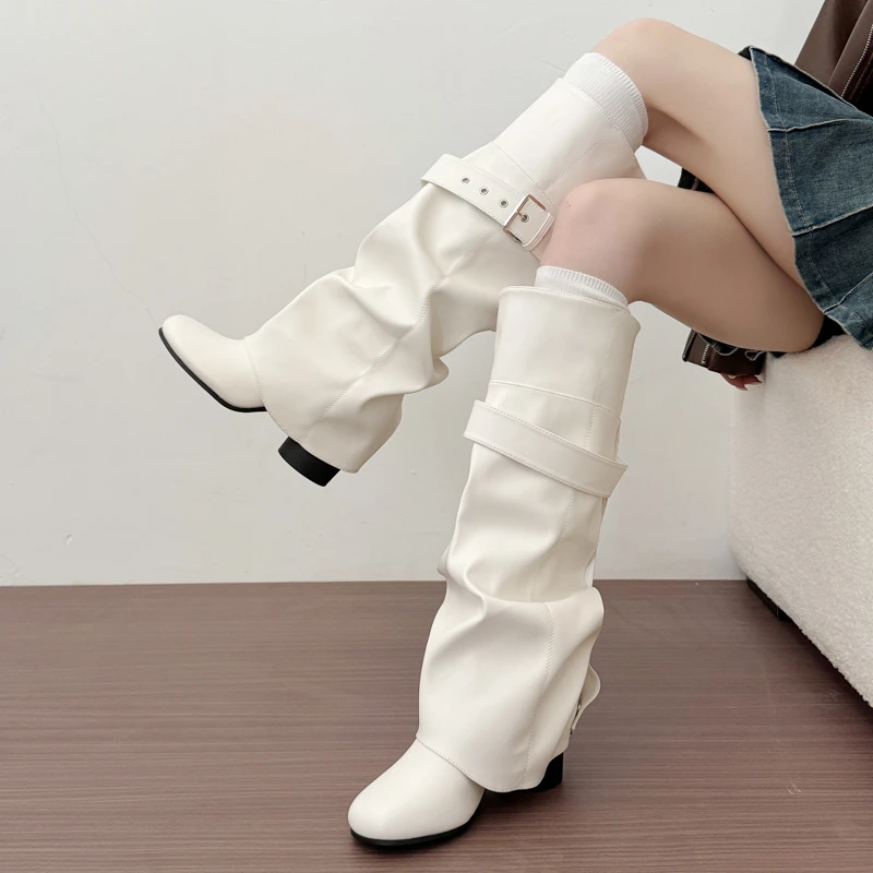 Designer Women Knee High Boots Metal Buckle Strap Round Toe Block Heel Shoes Autumn Winter Ladies Daily Leather Long Booties