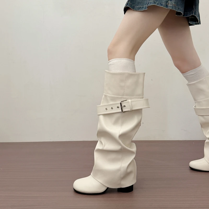 Designer Women Knee High Boots Metal Buckle Strap Round Toe Block Heel Shoes Autumn Winter Ladies Daily Leather Long Booties