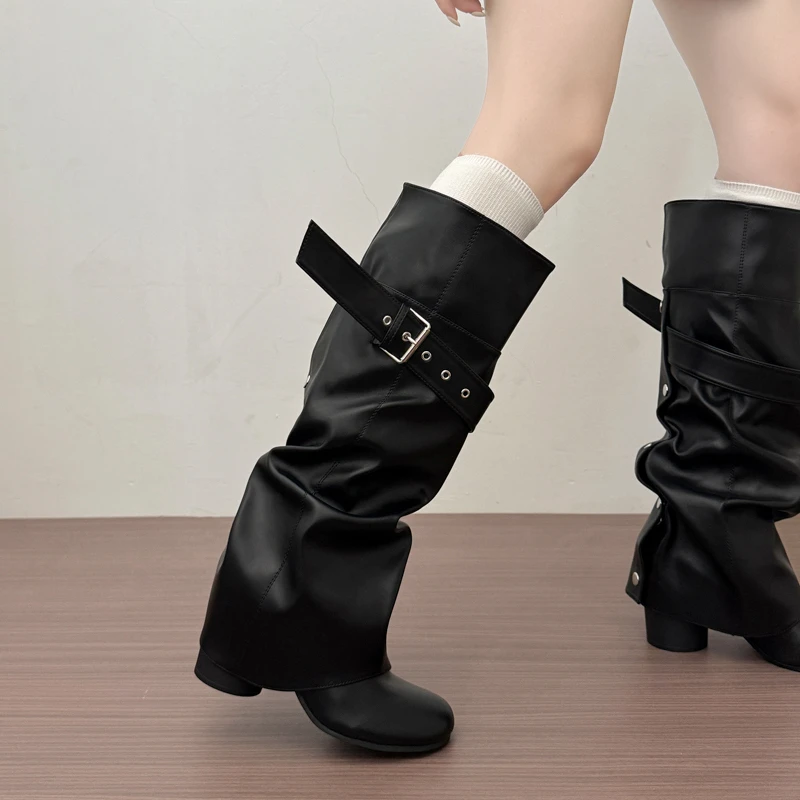 Designer Women Knee High Boots Metal Buckle Strap Round Toe Block Heel Shoes Autumn Winter Ladies Daily Leather Long Booties