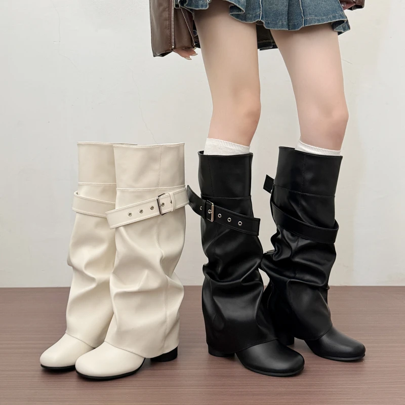 Designer Women Knee High Boots Metal Buckle Strap Round Toe Block Heel Shoes Autumn Winter Ladies Daily Leather Long Booties