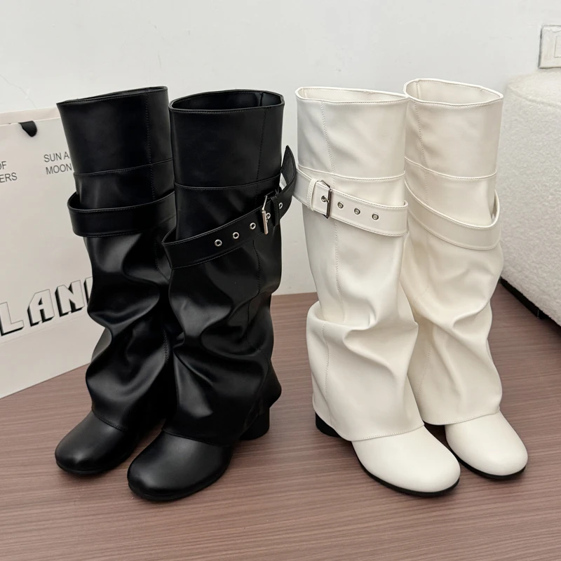 Designer Women Knee High Boots Metal Buckle Strap Round Toe Block Heel Shoes Autumn Winter Ladies Daily Leather Long Booties