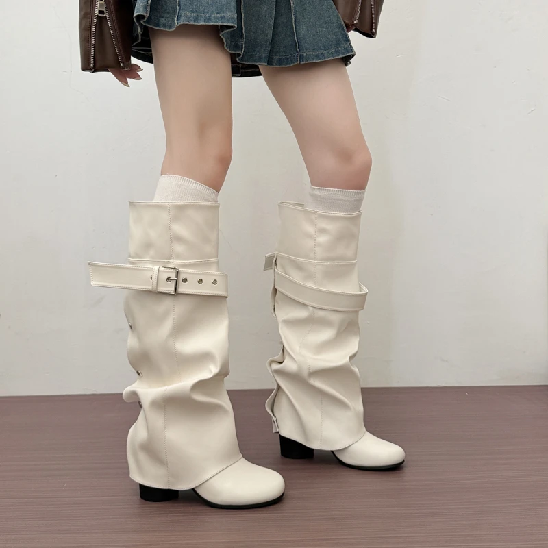 Designer Women Knee High Boots Metal Buckle Strap Round Toe Block Heel Shoes Autumn Winter Ladies Daily Leather Long Booties