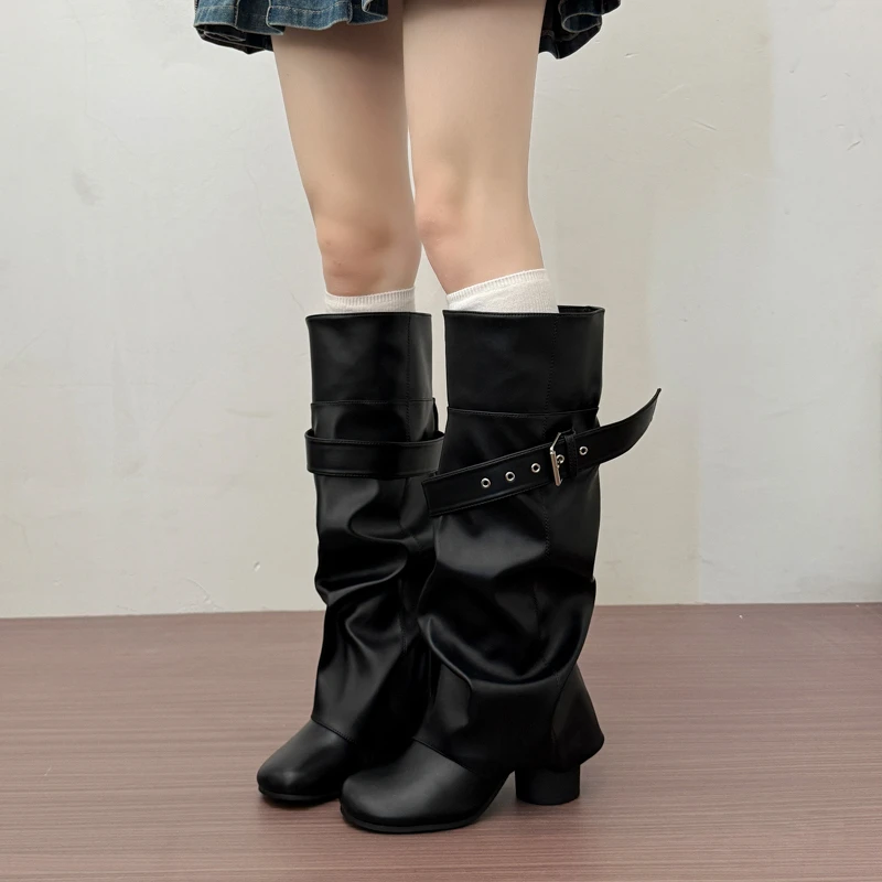 Designer Women Knee High Boots Metal Buckle Strap Round Toe Block Heel Shoes Autumn Winter Ladies Daily Leather Long Booties