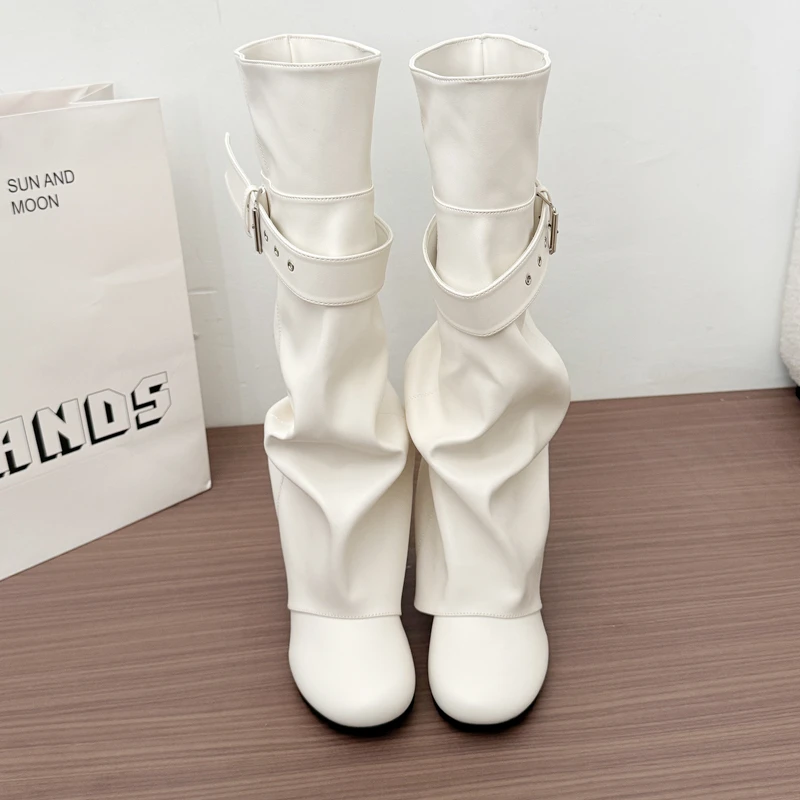 Designer Women Knee High Boots Metal Buckle Strap Round Toe Block Heel Shoes Autumn Winter Ladies Daily Leather Long Booties