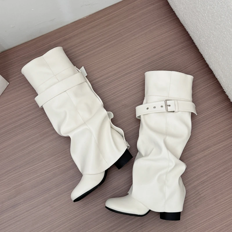 Designer Women Knee High Boots Metal Buckle Strap Round Toe Block Heel Shoes Autumn Winter Ladies Daily Leather Long Booties