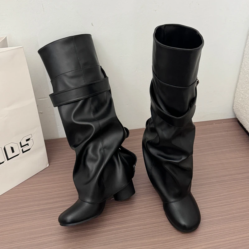 Designer Women Knee High Boots Metal Buckle Strap Round Toe Block Heel Shoes Autumn Winter Ladies Daily Leather Long Booties