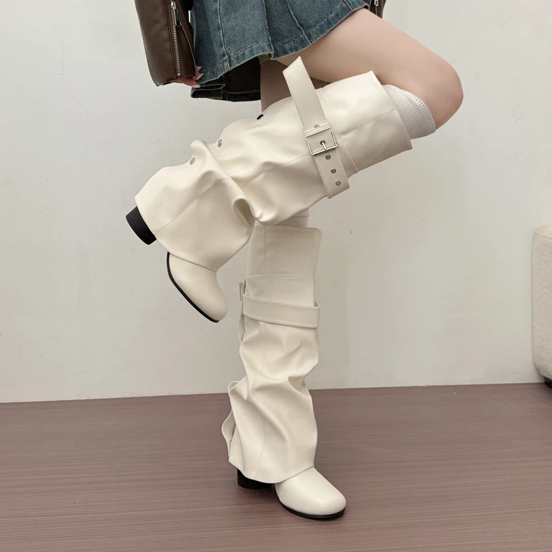 Designer Women Knee High Boots Metal Buckle Strap Round Toe Block Heel Shoes Autumn Winter Ladies Daily Leather Long Booties