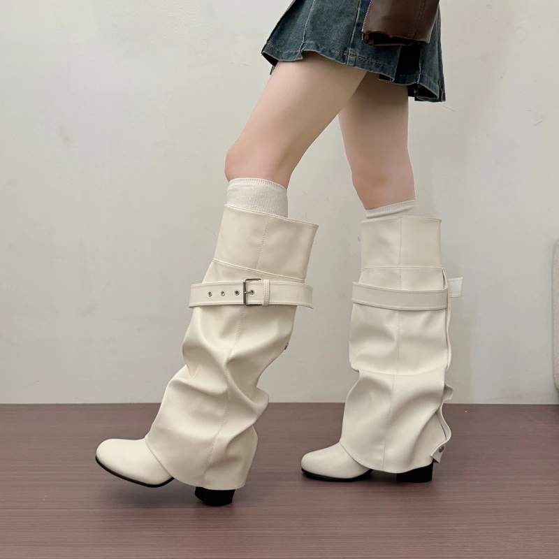 Designer Women Knee High Boots Metal Buckle Strap Round Toe Block Heel Shoes Autumn Winter Ladies Daily Leather Long Booties