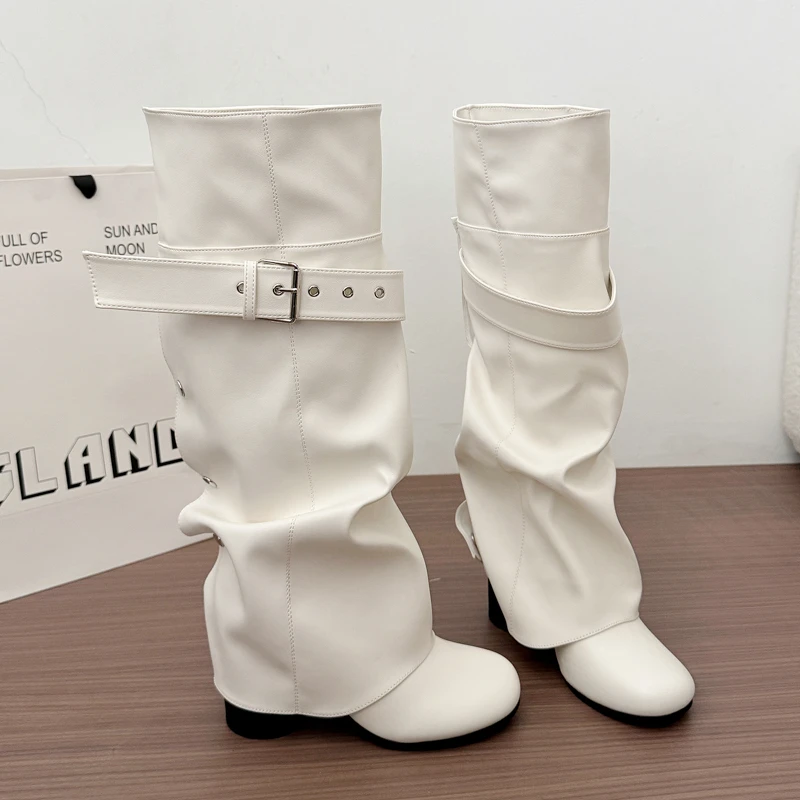 Designer Women Knee High Boots Metal Buckle Strap Round Toe Block Heel Shoes Autumn Winter Ladies Daily Leather Long Booties