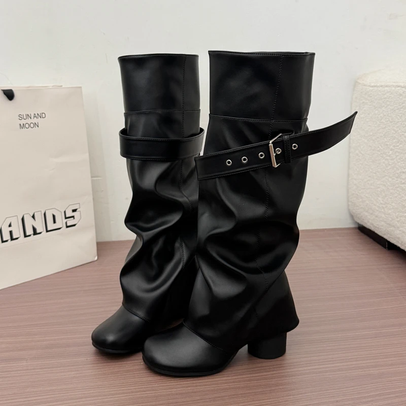 Designer Women Knee High Boots Metal Buckle Strap Round Toe Block Heel Shoes Autumn Winter Ladies Daily Leather Long Booties