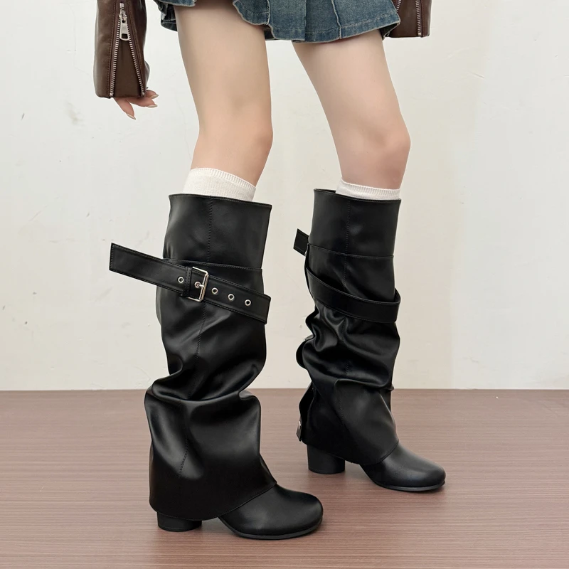 Designer Women Knee High Boots Metal Buckle Strap Round Toe Block Heel Shoes Autumn Winter Ladies Daily Leather Long Booties