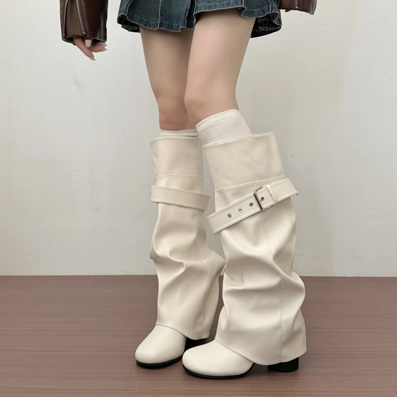 Designer Women Knee High Boots Metal Buckle Strap Round Toe Block Heel Shoes Autumn Winter Ladies Daily Leather Long Booties