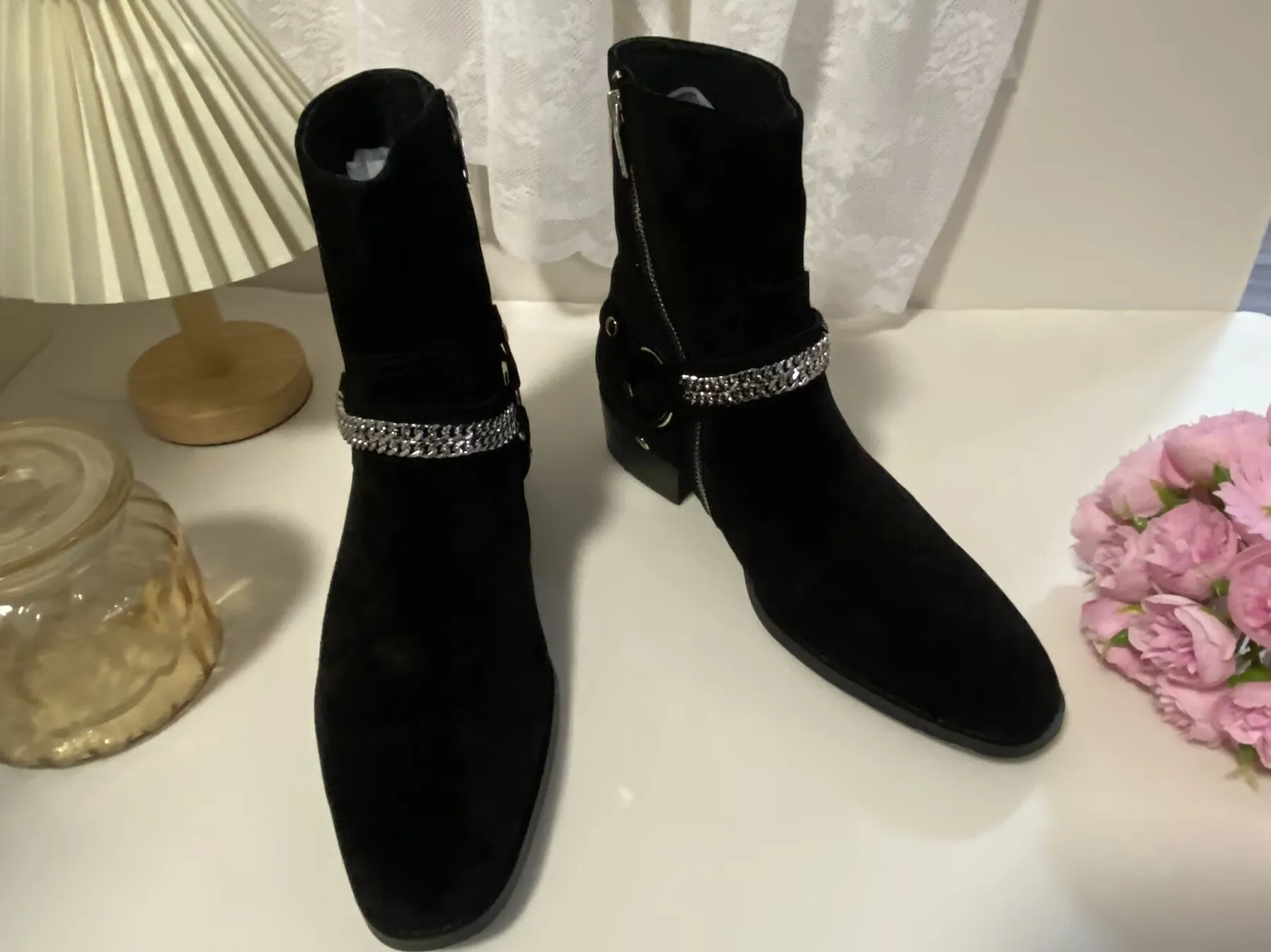 New Brown /Black Suede Leather Shoes Chains Harness Buckle Men Boots Stacked Heel Anke Boots Side Zip Men Fashion Boots Shoes