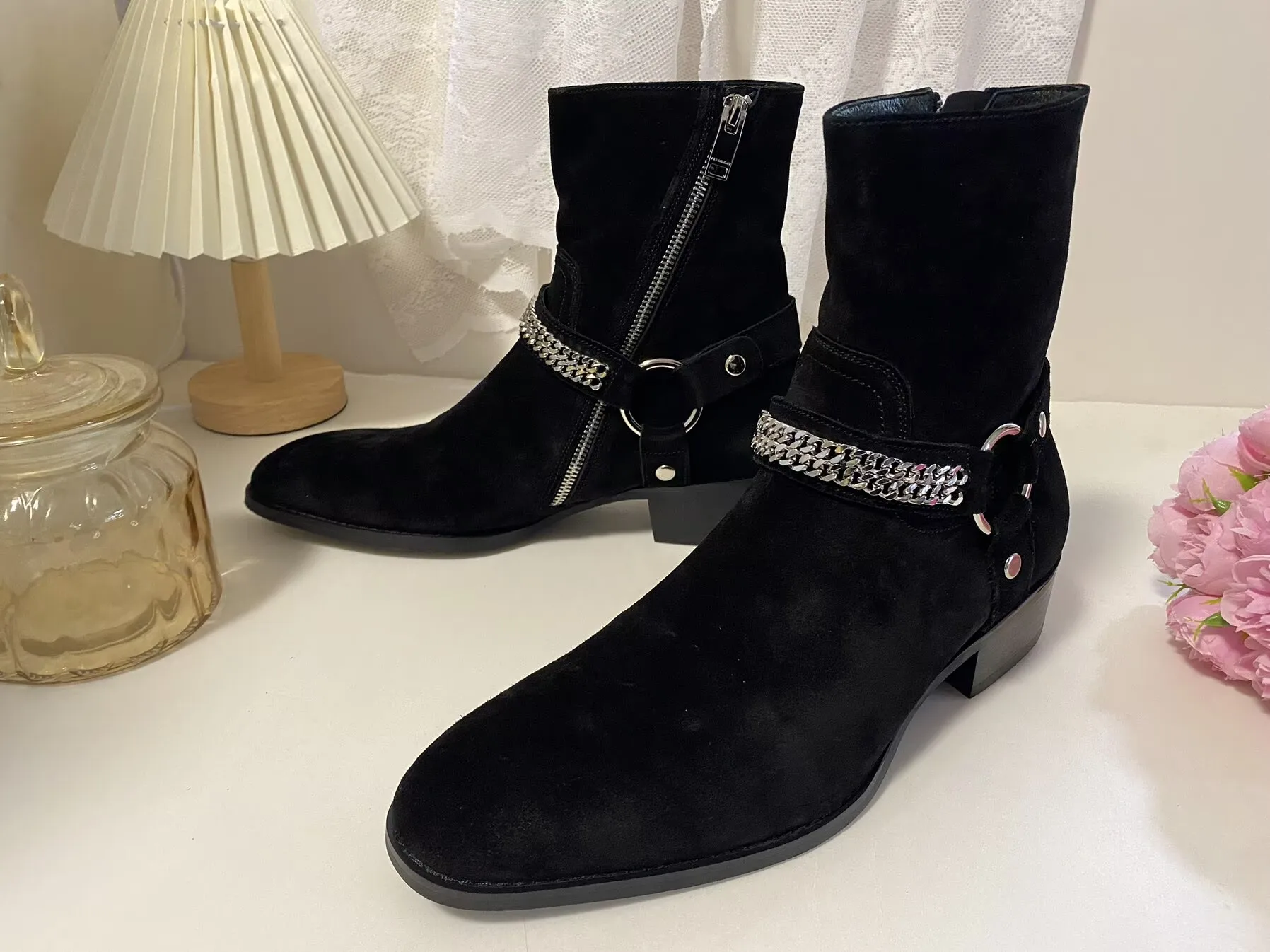 New Brown /Black Suede Leather Shoes Chains Harness Buckle Men Boots Stacked Heel Anke Boots Side Zip Men Fashion Boots Shoes