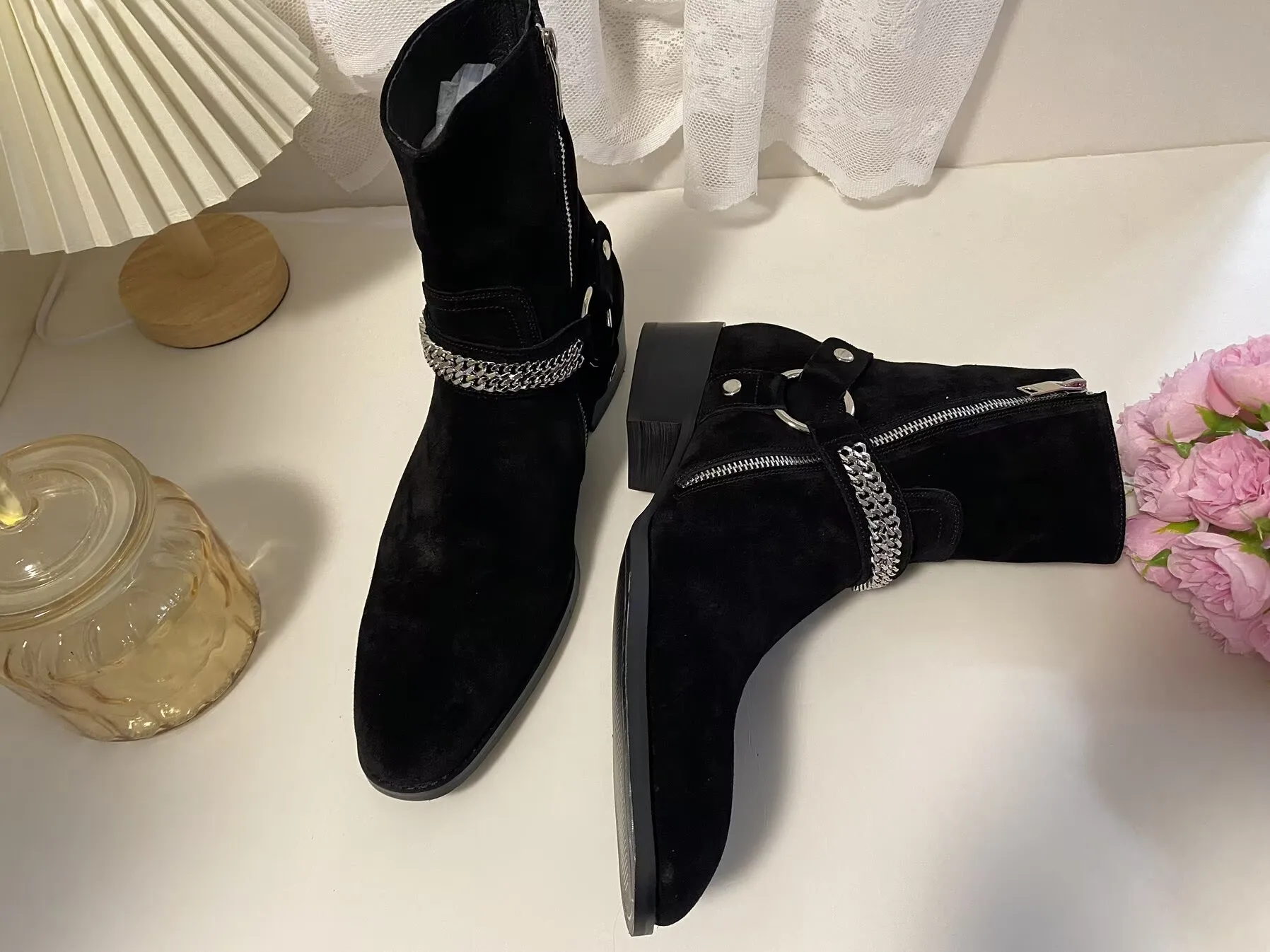 New Brown /Black Suede Leather Shoes Chains Harness Buckle Men Boots Stacked Heel Anke Boots Side Zip Men Fashion Boots Shoes