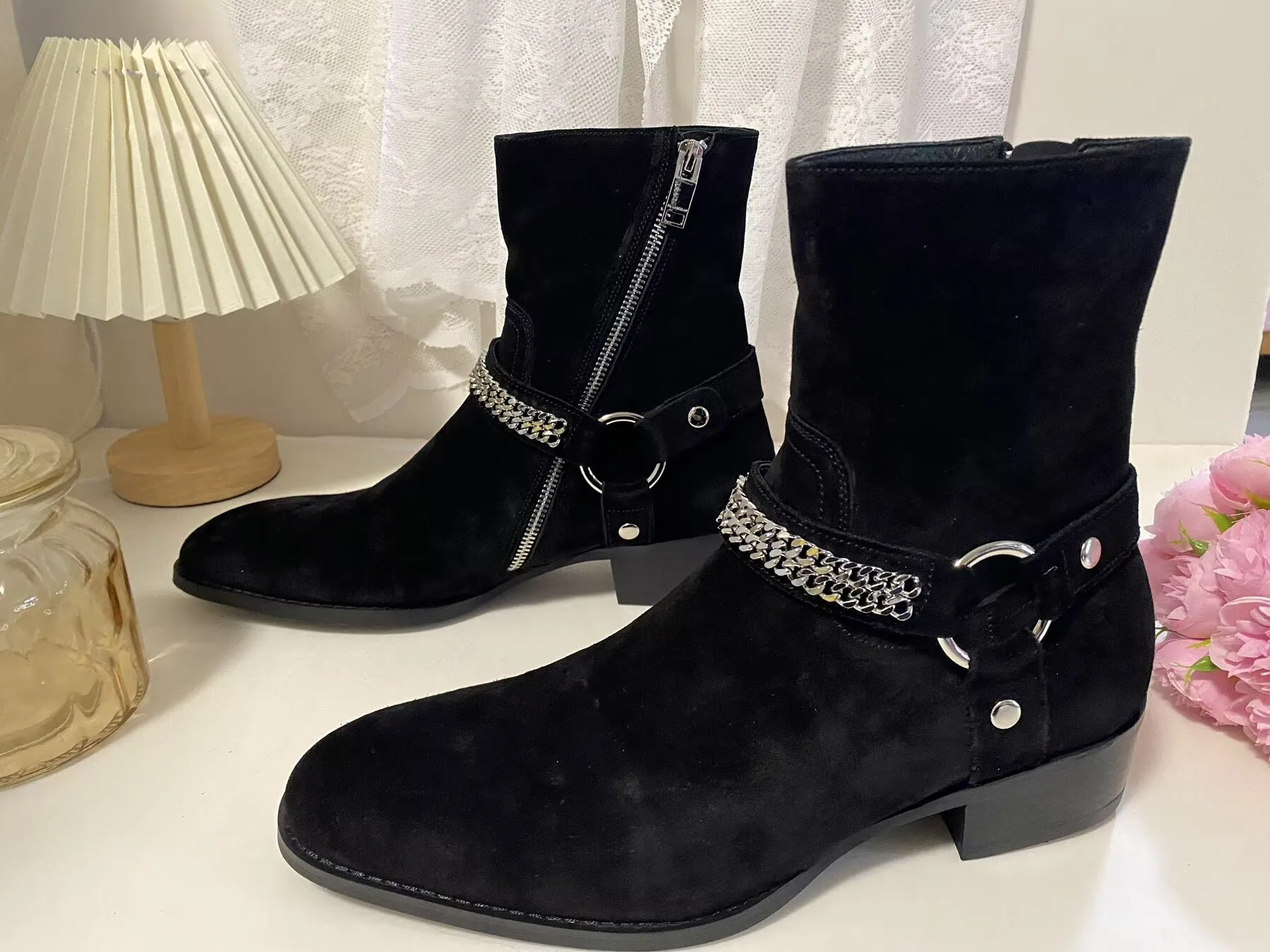 New Brown /Black Suede Leather Shoes Chains Harness Buckle Men Boots Stacked Heel Anke Boots Side Zip Men Fashion Boots Shoes