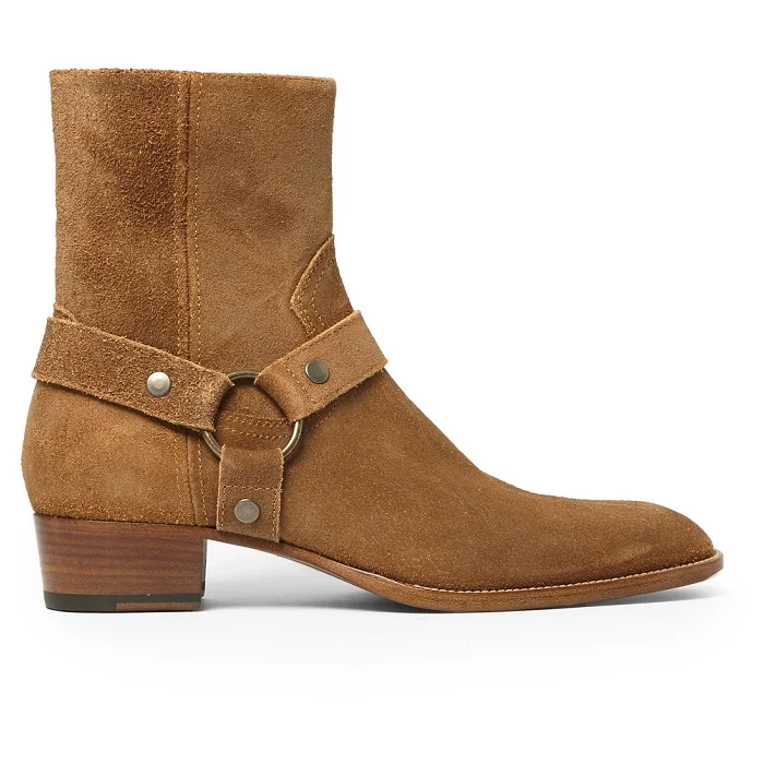 New Brown /Black Suede Leather Shoes Chains Harness Buckle Men Boots Stacked Heel Anke Boots Side Zip Men Fashion Boots Shoes