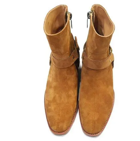 New Brown /Black Suede Leather Shoes Chains Harness Buckle Men Boots Stacked Heel Anke Boots Side Zip Men Fashion Boots Shoes