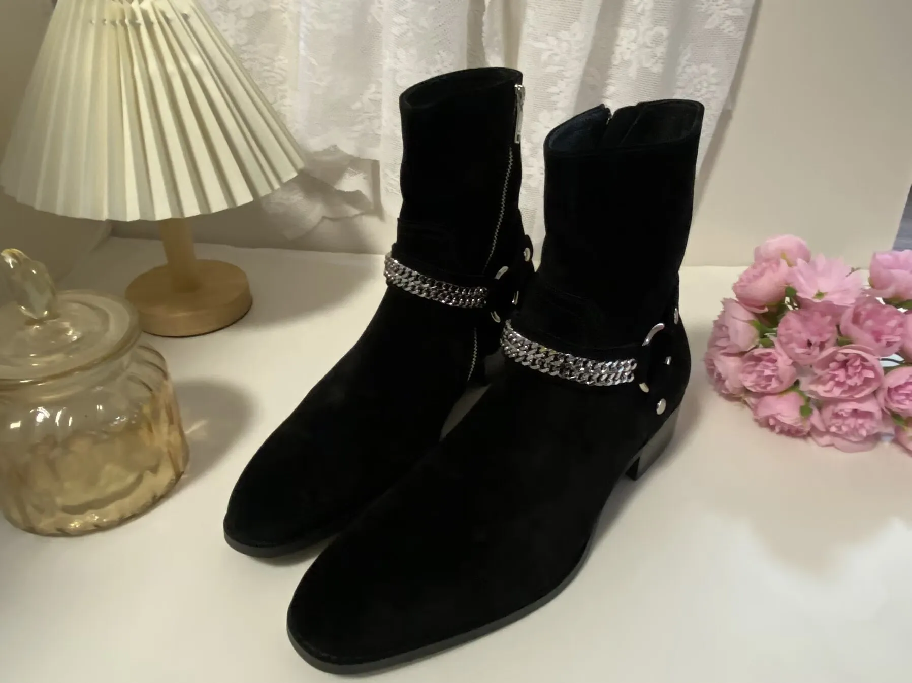 New Brown /Black Suede Leather Shoes Chains Harness Buckle Men Boots Stacked Heel Anke Boots Side Zip Men Fashion Boots Shoes