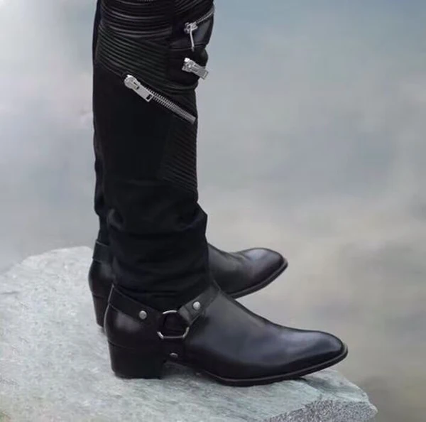 New Brown /Black Suede Leather Shoes Chains Harness Buckle Men Boots Stacked Heel Anke Boots Side Zip Men Fashion Boots Shoes