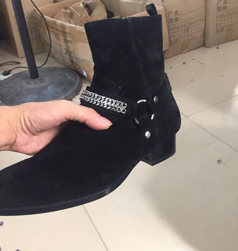 New Brown /Black Suede Leather Shoes Chains Harness Buckle Men Boots Stacked Heel Anke Boots Side Zip Men Fashion Boots Shoes