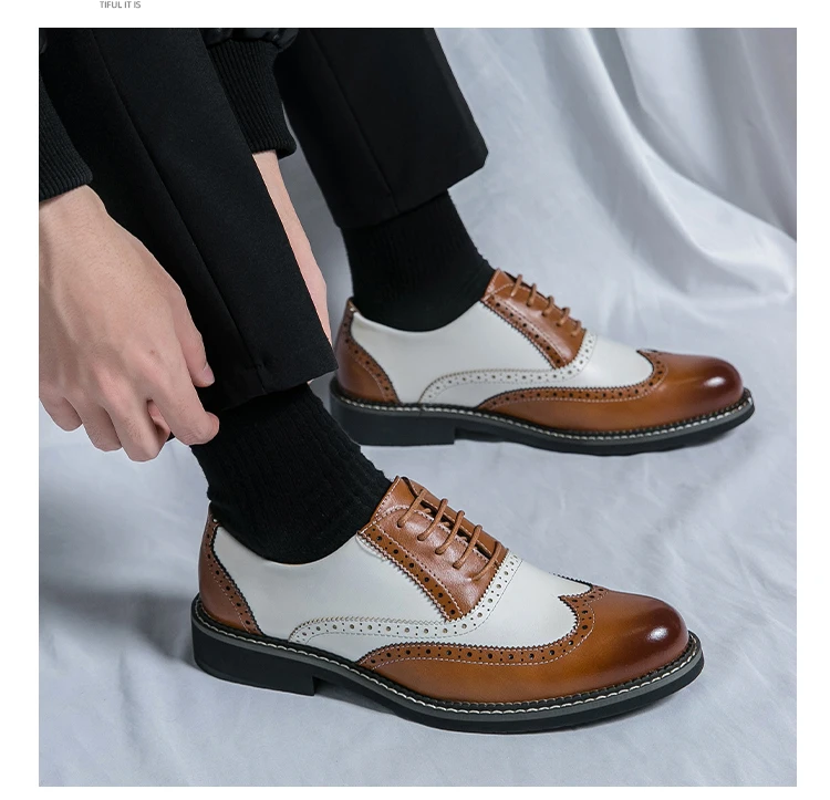 British Leather Shoes Men Match Color White Brown Leather Business Casual Brock Carved Retro Dress Shoes for Men
