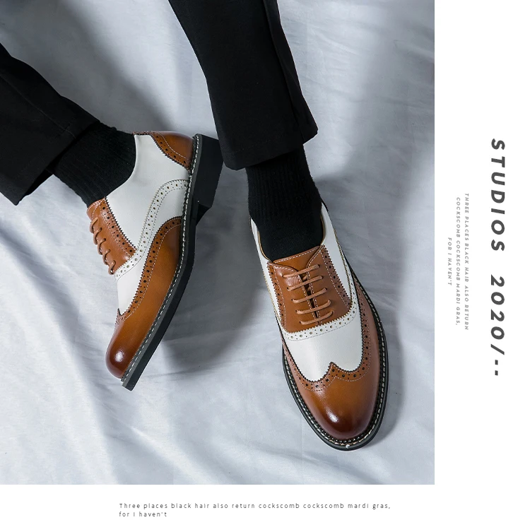 British Leather Shoes Men Match Color White Brown Leather Business Casual Brock Carved Retro Dress Shoes for Men
