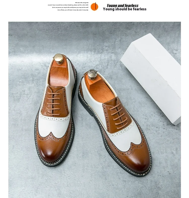 British Leather Shoes Men Match Color White Brown Leather Business Casual Brock Carved Retro Dress Shoes for Men