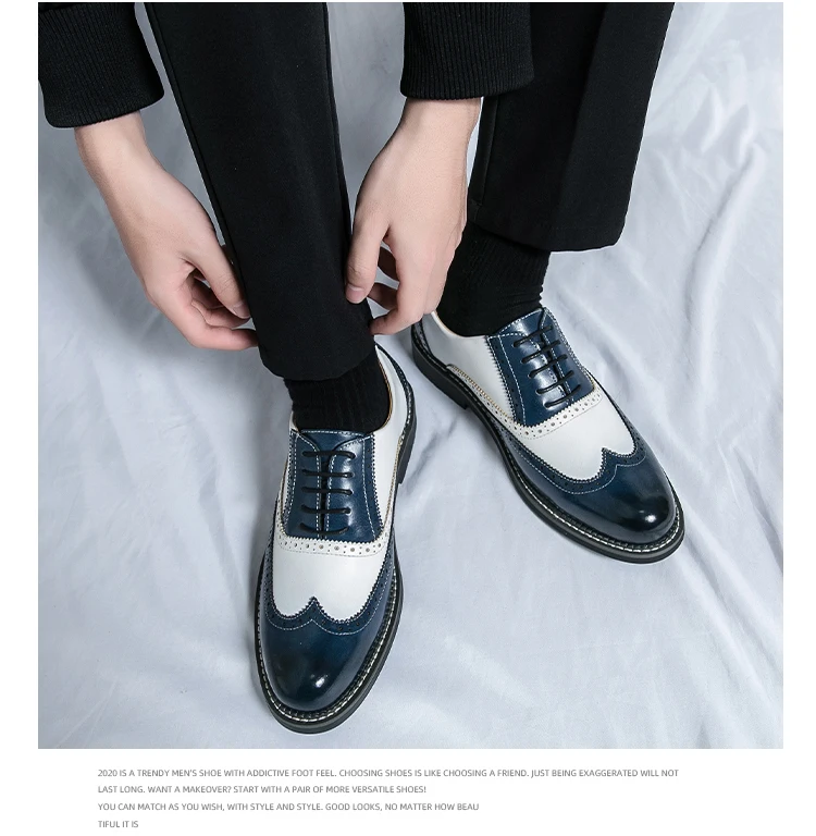 British Leather Shoes Men Match Color White Brown Leather Business Casual Brock Carved Retro Dress Shoes for Men