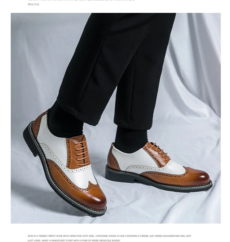 British Leather Shoes Men Match Color White Brown Leather Business Casual Brock Carved Retro Dress Shoes for Men
