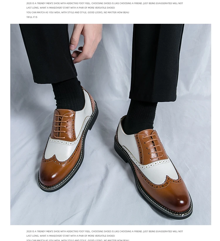 British Leather Shoes Men Match Color White Brown Leather Business Casual Brock Carved Retro Dress Shoes for Men