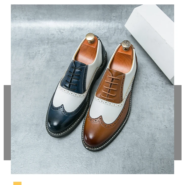 British Leather Shoes Men Match Color White Brown Leather Business Casual Brock Carved Retro Dress Shoes for Men