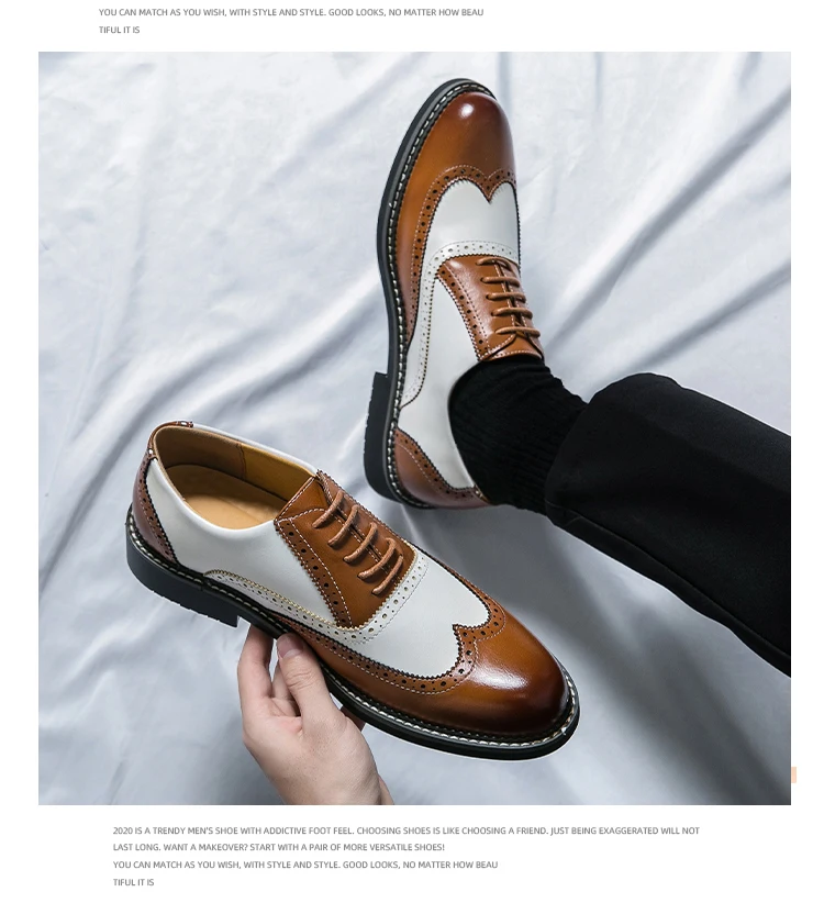 British Leather Shoes Men Match Color White Brown Leather Business Casual Brock Carved Retro Dress Shoes for Men